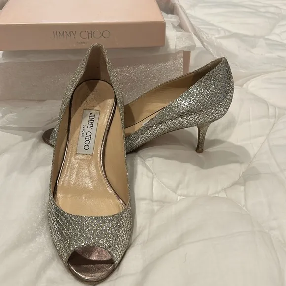 Jimmy Choo 2471SABEL Glitter fabric Wedding 2 inch heal Pumps Champagne Size 38