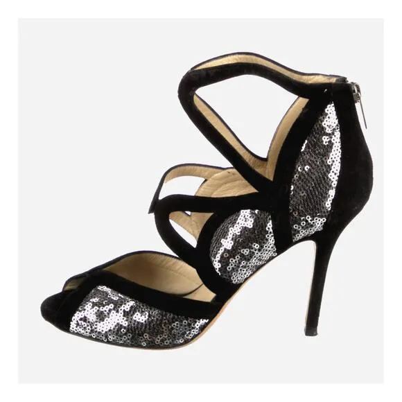 Jimmy Choo 9.5 Tempest SILVER SEQUIN Sandals Strapy Heels Black Suede PARTY 39.5