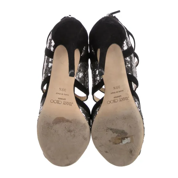 Jimmy Choo 9.5 Tempest SILVER SEQUIN Sandals Strapy Heels Black Suede PARTY 39.5