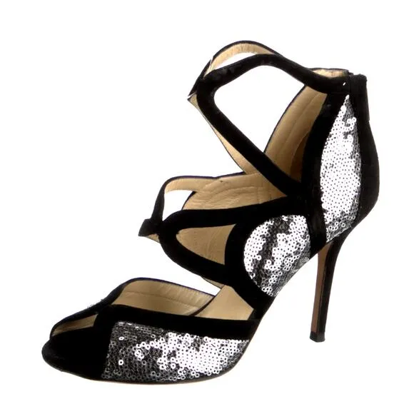 Jimmy Choo 9.5 Tempest SILVER SEQUIN Sandals Strapy Heels Black Suede PARTY 39.5