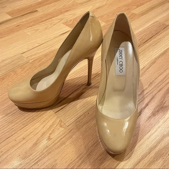 Jimmy Choo beige patent leather platform stiletto heels size 6.5