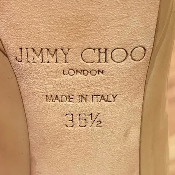 Jimmy Choo beige patent leather platform stiletto heels size 6.5