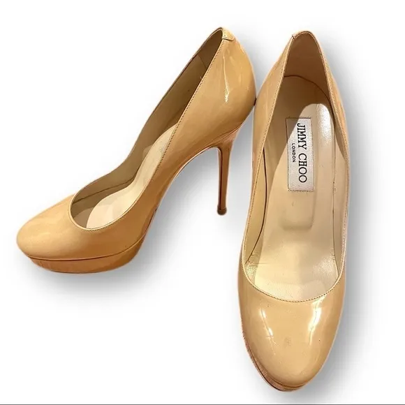 Jimmy Choo beige patent leather platform stiletto heels size 6.5