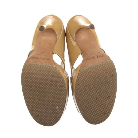 Jimmy Choo Beige Tan Patent Leather Peep Toe Shoe Pumps Size EU 37