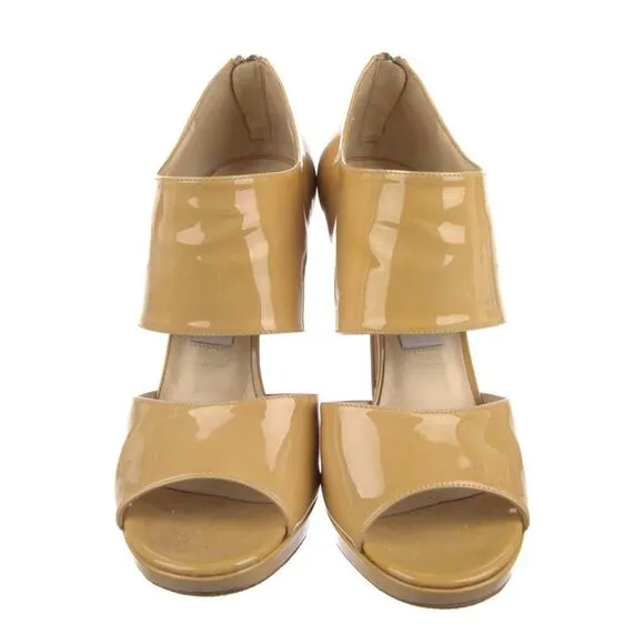 Jimmy Choo Beige Tan Patent Leather Peep Toe Shoe Pumps Size EU 37
