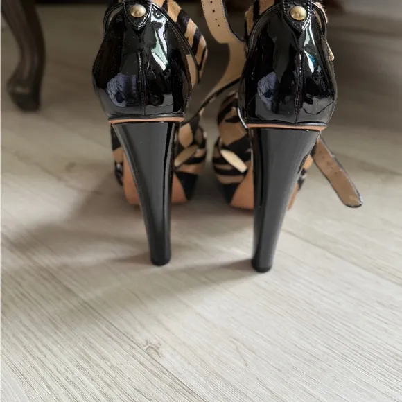 Jimmy Choo Black and Tan Zebra Striped Women's Stiletto Heels Ankle Strap