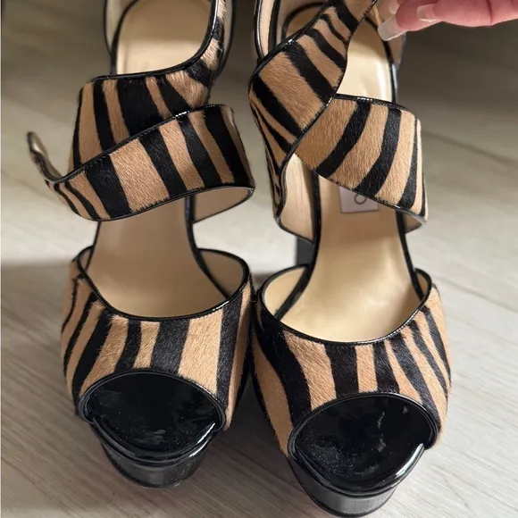 Jimmy Choo Black and Tan Zebra Striped Women's Stiletto Heels Ankle Strap