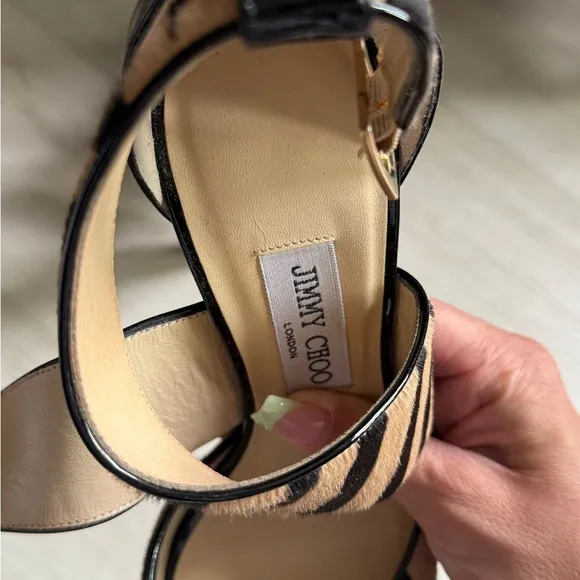 Jimmy Choo Black and Tan Zebra Striped Women's Stiletto Heels Ankle Strap
