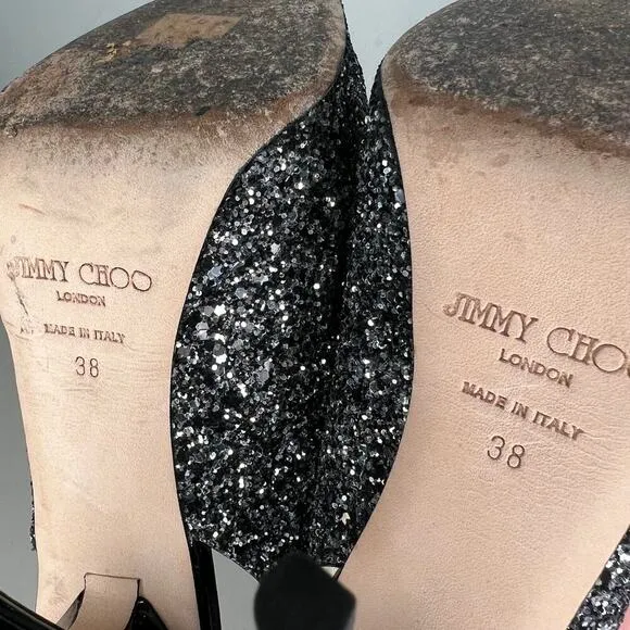 Jimmy Choo Clue Black &amp; Silver Glitter Sling Back Peep Toe Heels Size 38
