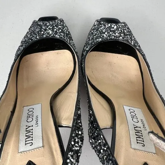 Jimmy Choo Clue Black &amp; Silver Glitter Sling Back Peep Toe Heels Size 38