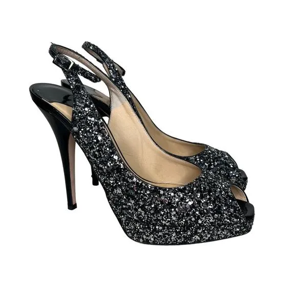 Jimmy Choo Clue Black &amp; Silver Glitter Sling Back Peep Toe Heels Size 38