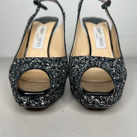 Jimmy Choo Clue Black &amp; Silver Glitter Sling Back Peep Toe Heels Size 38