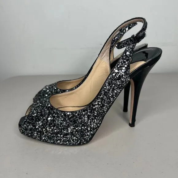 Jimmy Choo Clue Black &amp; Silver Glitter Sling Back Peep Toe Heels Size 38