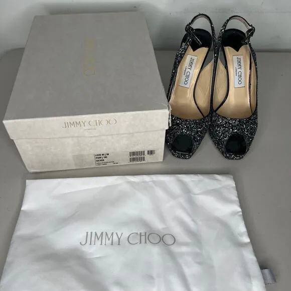 Jimmy Choo Clue Black &amp; Silver Glitter Sling Back Peep Toe Heels Size 38