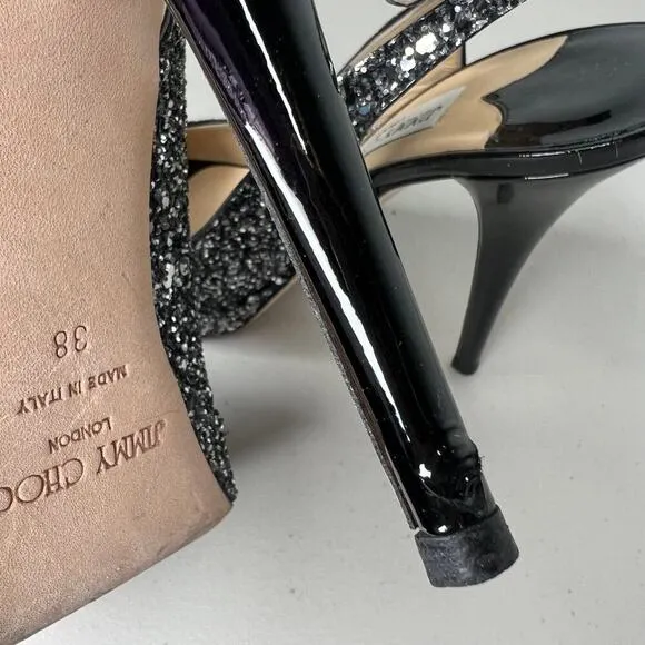 Jimmy Choo Clue Black &amp; Silver Glitter Sling Back Peep Toe Heels Size 38