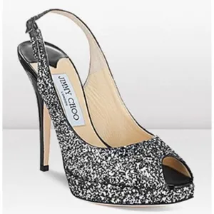 Jimmy Choo Clue Black &amp; Silver Glitter Sling Back Peep Toe Heels Size 38
