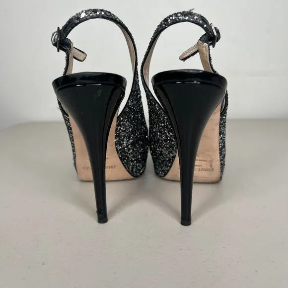 Jimmy Choo Clue Black &amp; Silver Glitter Sling Back Peep Toe Heels Size 38