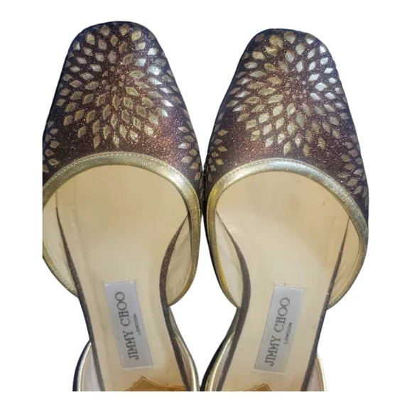 Jimmy Choo Gold and Brown D'Orsay Glitter Leather Women's Ballet Flat Sz 37 1/2
