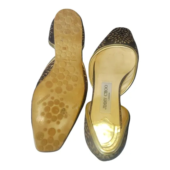 Jimmy Choo Gold and Brown D'Orsay Glitter Leather Women's Ballet Flat Sz 37 1/2
