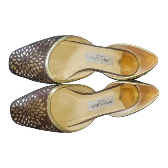 Jimmy Choo Gold and Brown D'Orsay Glitter Leather Women's Ballet Flat Sz 37 1/2