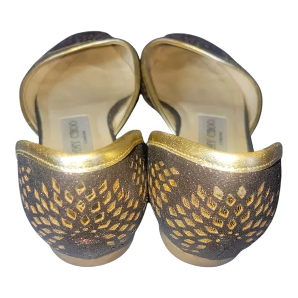 Jimmy Choo Gold and Brown D'Orsay Glitter Leather Women's Ballet Flat Sz 37 1/2