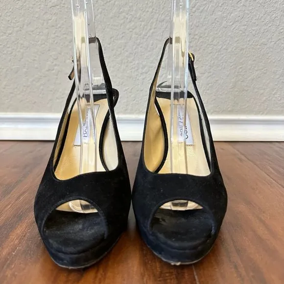 JIMMY CHOO LONDON Black Suede Nova Slingback Sandals Peep Toe
