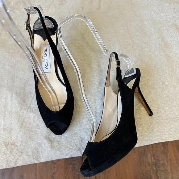 JIMMY CHOO LONDON Black Suede Nova Slingback Sandals Peep Toe