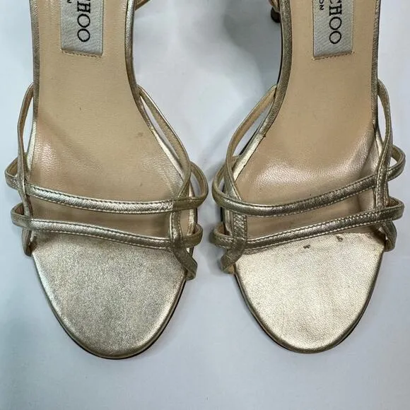 Jimmy Choo Minimalist Strappy Metallic Gold Heeled Sandals Stiletto EU38.5 US8.5
