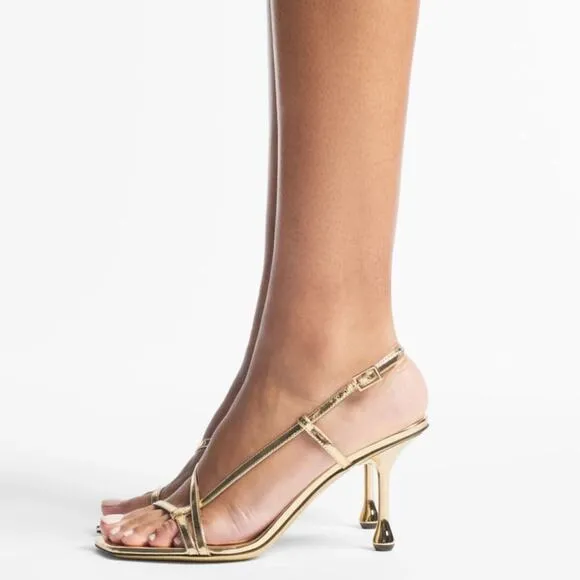 Jimmy Choo Minimalist Strappy Metallic Gold Heeled Sandals Stiletto EU38.5 US8.5