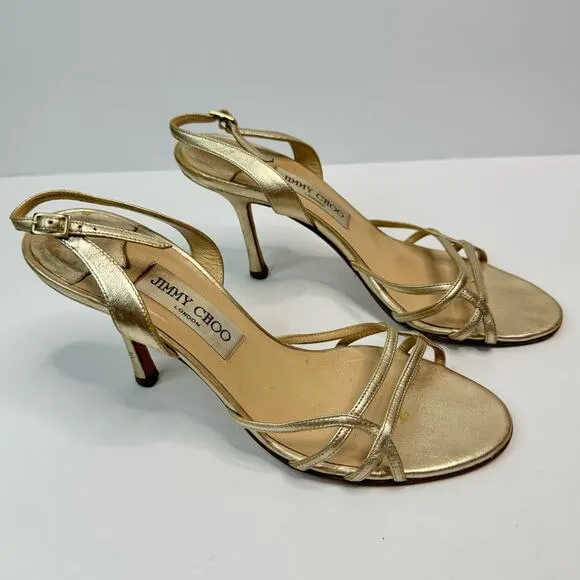 Jimmy Choo Minimalist Strappy Metallic Gold Heeled Sandals Stiletto EU38.5 US8.5