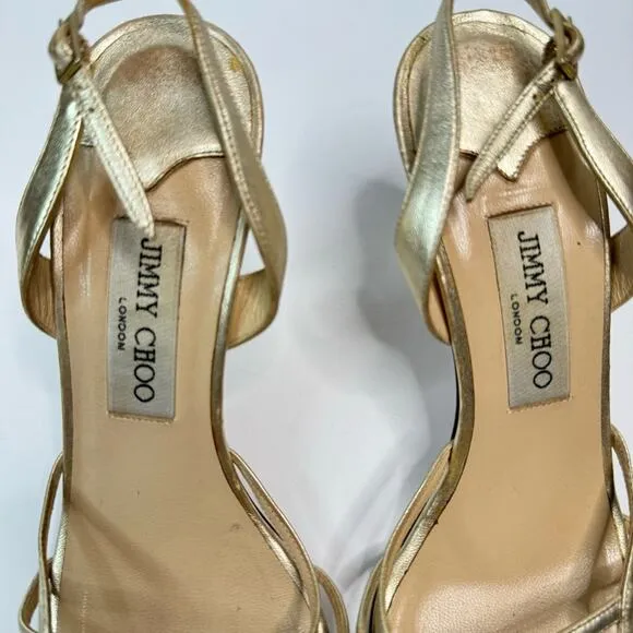 Jimmy Choo Minimalist Strappy Metallic Gold Heeled Sandals Stiletto EU38.5 US8.5