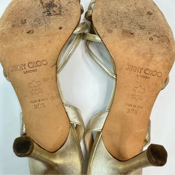 Jimmy Choo Minimalist Strappy Metallic Gold Heeled Sandals Stiletto EU38.5 US8.5