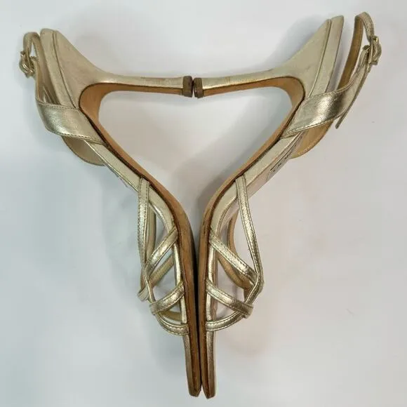 Jimmy Choo Minimalist Strappy Metallic Gold Heeled Sandals Stiletto EU38.5 US8.5