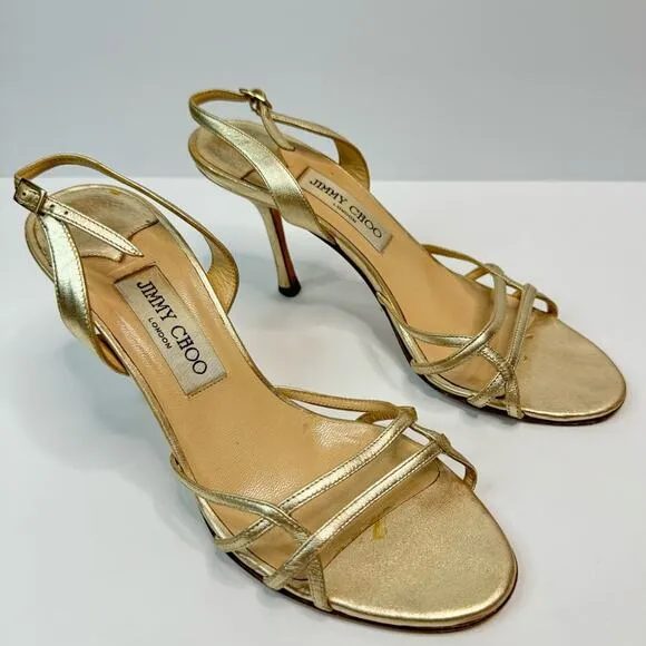 Jimmy Choo Minimalist Strappy Metallic Gold Heeled Sandals Stiletto EU38.5 US8.5