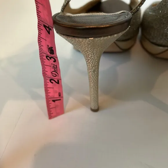 Jimmy Choo Nova Glitter Peep Toe Sling Back Gold Silver Heels EU 41 US Size 11