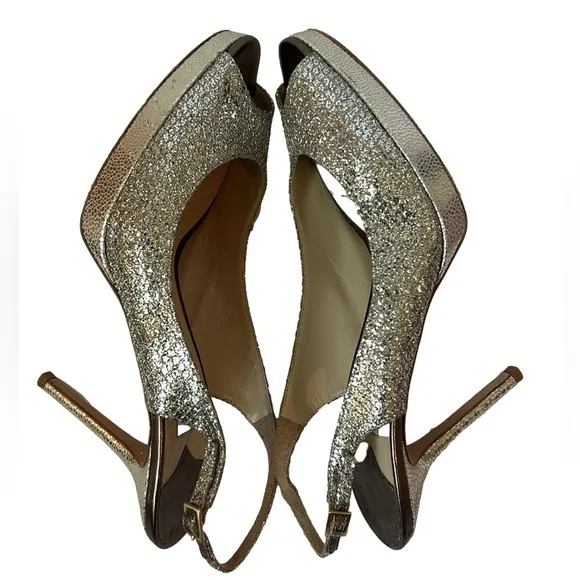 Jimmy Choo Nova Glitter Peep Toe Sling Back Gold Silver Heels EU 41 US Size 11