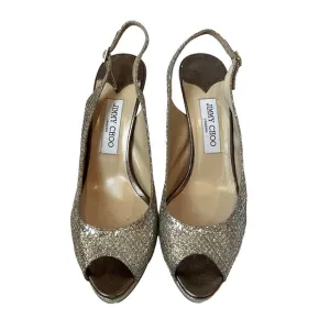 Jimmy Choo Nova Glitter Peep Toe Sling Back Gold Silver Heels EU 41 US Size 11