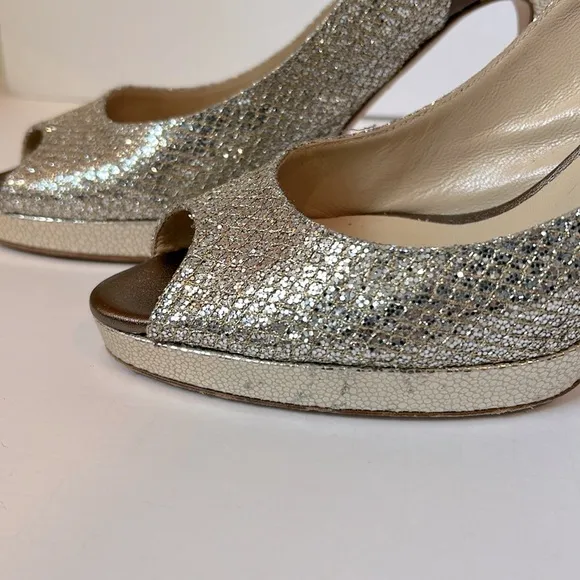 Jimmy Choo Nova Glitter Peep Toe Sling Back Gold Silver Heels EU 41 US Size 11