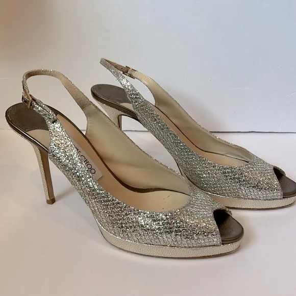 Jimmy Choo Nova Glitter Peep Toe Sling Back Gold Silver Heels EU 41 US Size 11