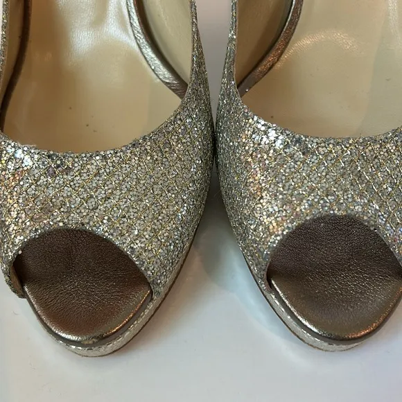 Jimmy Choo Nova Glitter Peep Toe Sling Back Gold Silver Heels EU 41 US Size 11