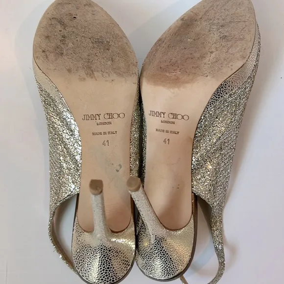 Jimmy Choo Nova Glitter Peep Toe Sling Back Gold Silver Heels EU 41 US Size 11