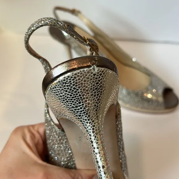 Jimmy Choo Nova Glitter Peep Toe Sling Back Gold Silver Heels EU 41 US Size 11