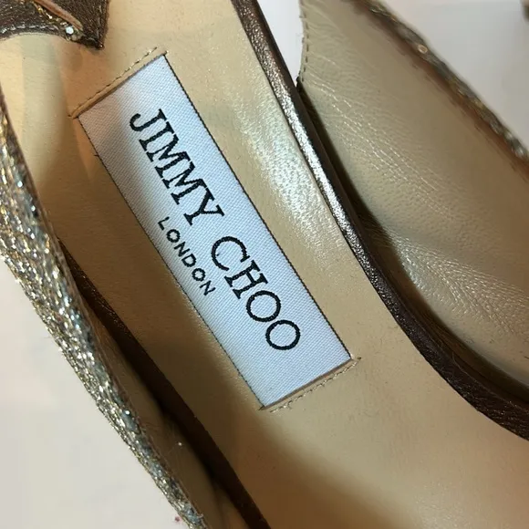 Jimmy Choo Nova Glitter Peep Toe Sling Back Gold Silver Heels EU 41 US Size 11
