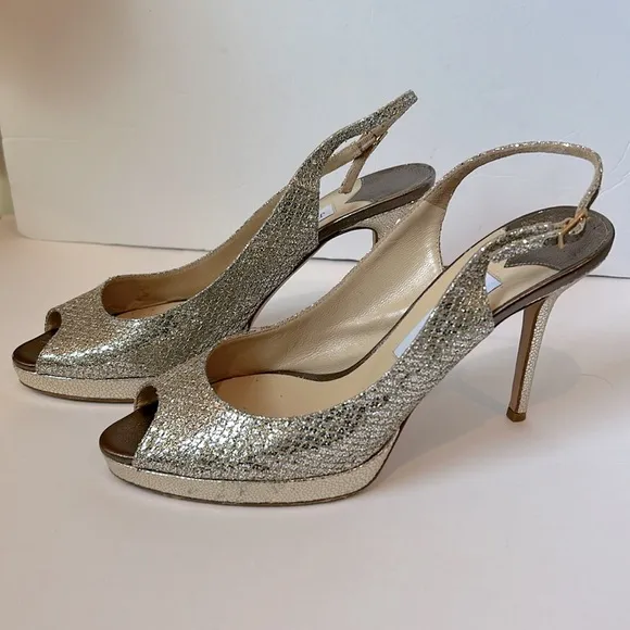 Jimmy Choo Nova Glitter Peep Toe Sling Back Gold Silver Heels EU 41 US Size 11