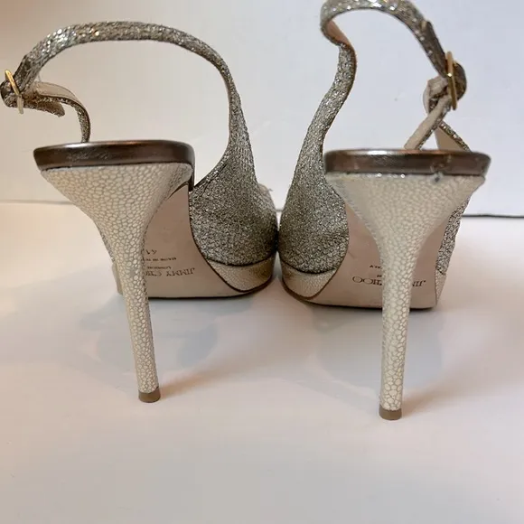 Jimmy Choo Nova Glitter Peep Toe Sling Back Gold Silver Heels EU 41 US Size 11