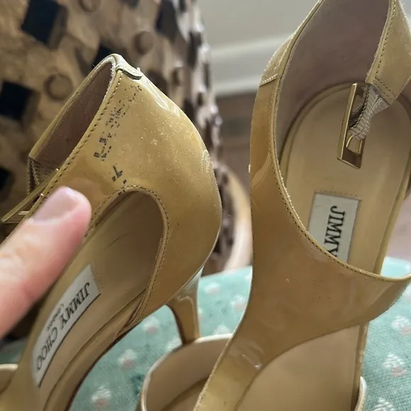 Jimmy Choo Patent Leather Tan T Strap Peep Toe Platform Sandals 38 (size 8)
