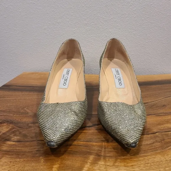 Jimmy Choo Romy Lame Glitter Gold Pumps