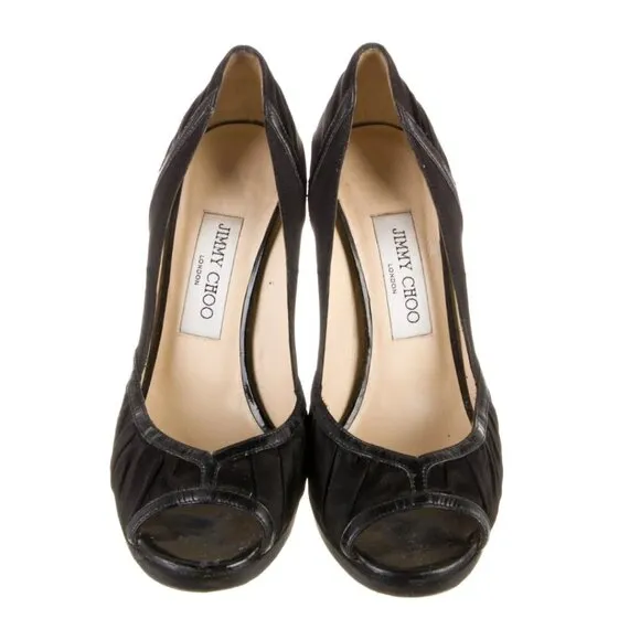 Jimmy Choo Satin Printed Pumps US 7, IT 37 Black Peep Toe