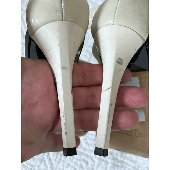 Jimmy Choo Trapeze Pleated Asymmetrical Off White Black Patent Leather Sandals