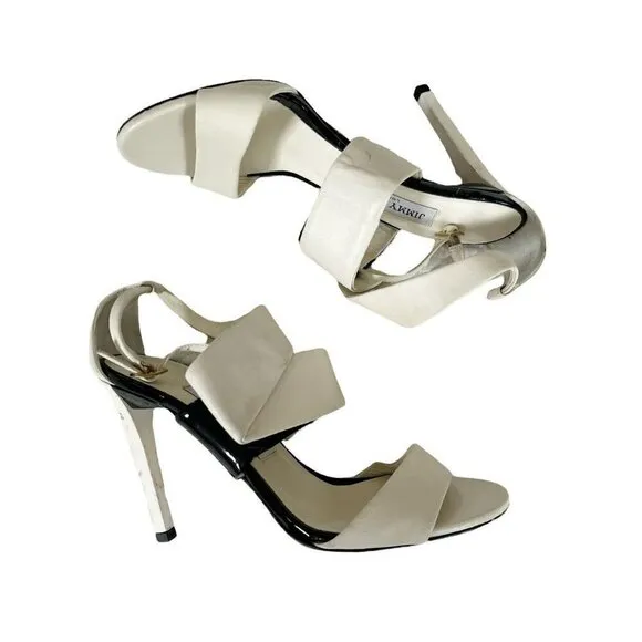 Jimmy Choo Trapeze Pleated Asymmetrical Off White Black Patent Leather Sandals